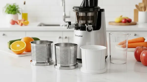Verschillende slowjuicer zeven met fruit en groenten.