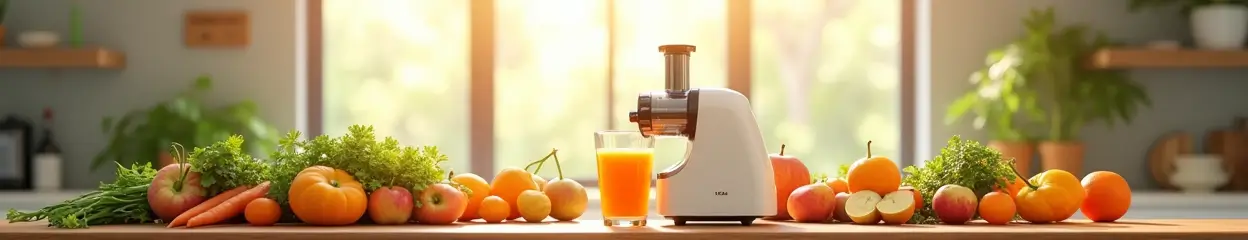 slowjuicer omringt door groentes en fruit