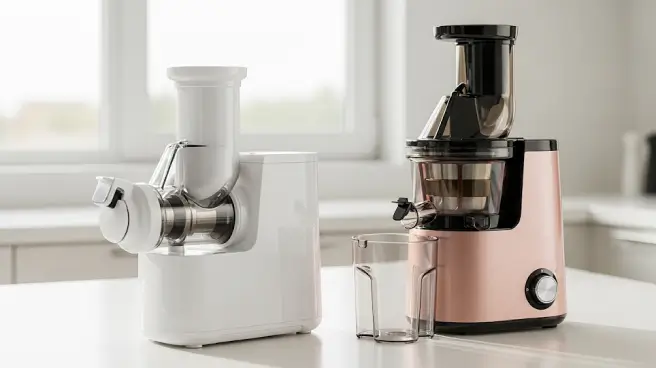 Een slowjuicer en een sapcentrifuge op een wit aanrecht.