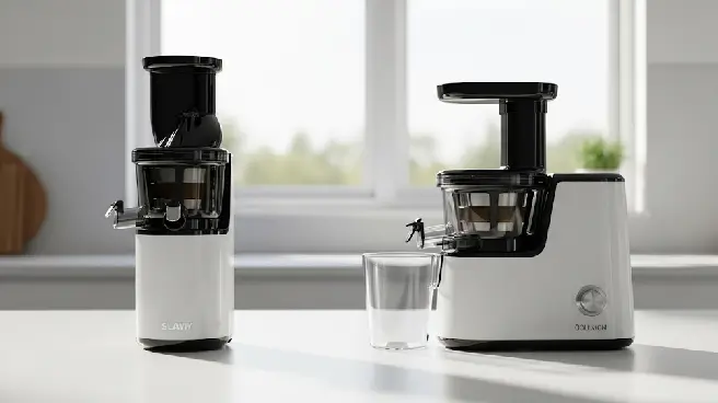 Een verticale en een horizontale slowjuicer naast elkaar op een aanrecht.
