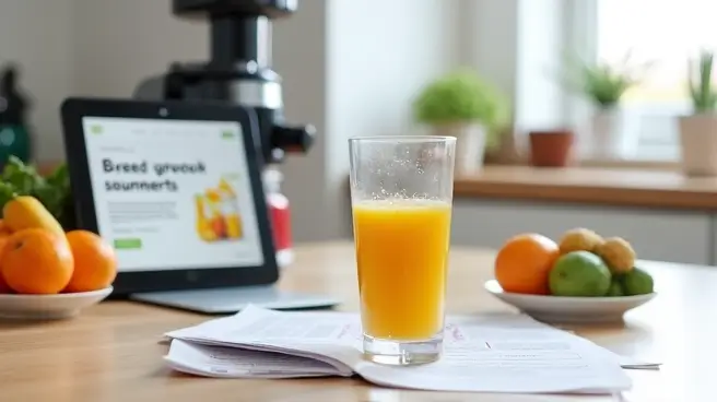 Een glas vers sap op tafel met een juicer op de achtergrond.
