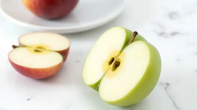 Groene en rode appels, gesneden, op een marmeren ondergrond.