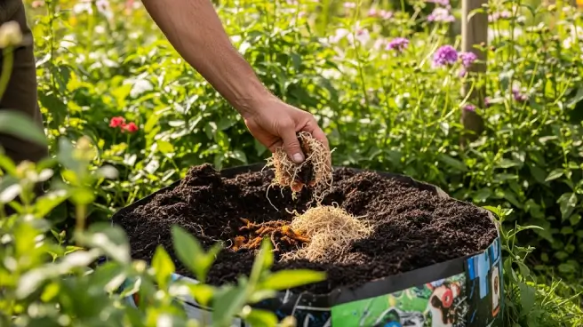 Hand voegt groentepulp toe aan composthoop in tuin.