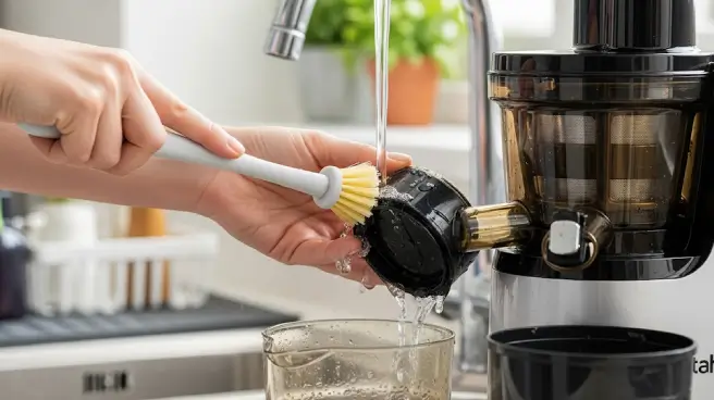Handen spoelen een onderdeel van een slowjuicer af onder de kraan.