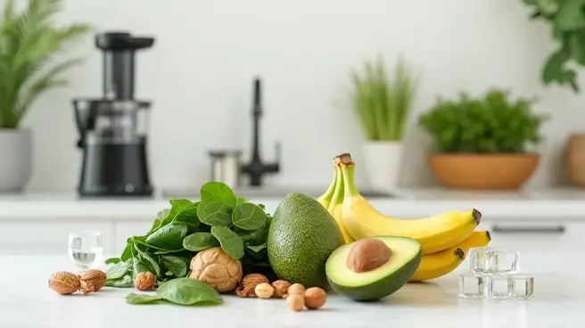 Bananen, avocado, spinazie, noten en ijsblokjes op een aanrecht.