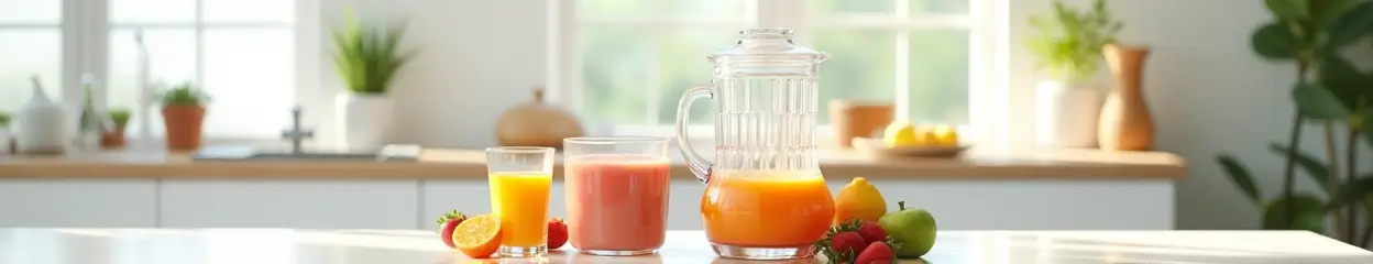 Verse sappen en fruit in een keuken.