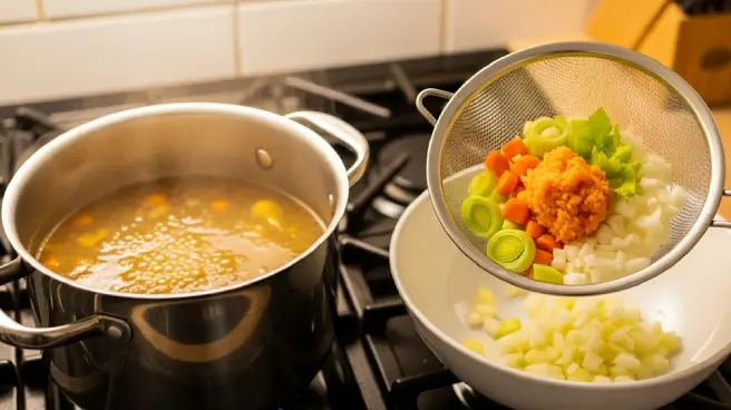 Groentepulp en groenten in zeef boven pan met bouillon.