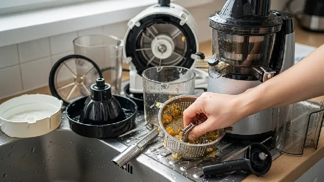 Hand wast vieze onderdelen van een sapcentrifuge in de gootsteen.