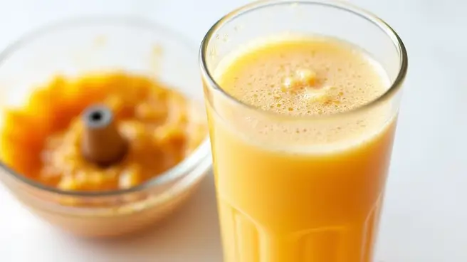 Een glas vers geperst sap naast de pulp van een slowjuicer.