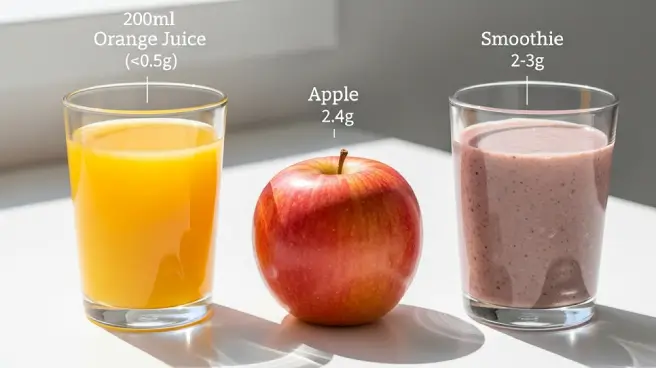Glazen sap/smoothie en een appel met suikerinfo.