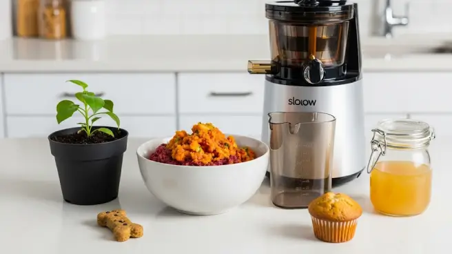 Slowjuicer, pulp, plantje en sap op aanrecht