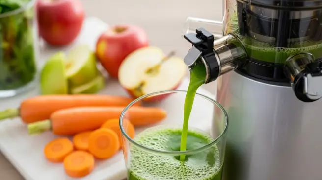 Groen sap stroomt uit een slowjuicer in een glas.