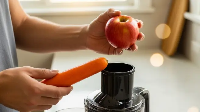 Handen met appel en wortel bij juicer.