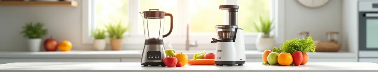 Een blender en sapcentrifuge staan in de keuken met fruit.