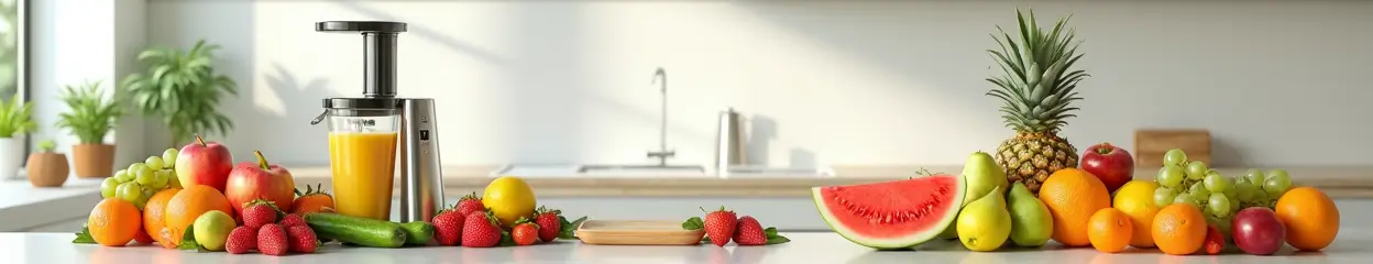 Een slowjuicer met diverse fruitsoorten op een aanrecht, zoals sinaasappels, druiven, aardbeien, komkommers, en een watermeloen.