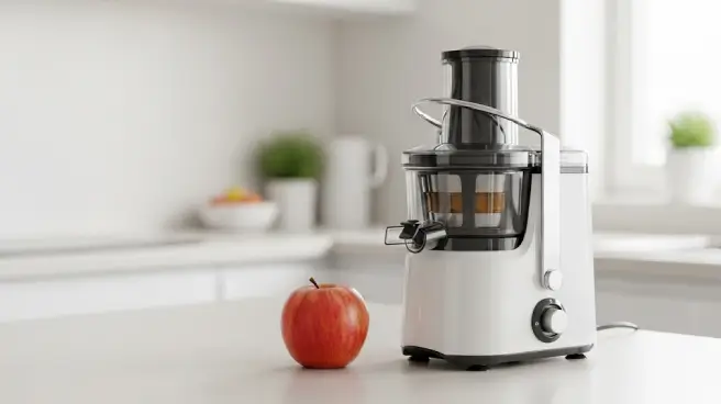 Witte juicer met een rode appel op een simpel aanrecht.