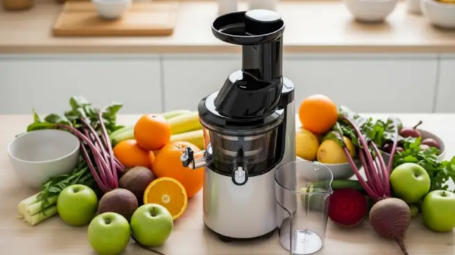 Een juicer omringd door diverse verse groenten en fruit.