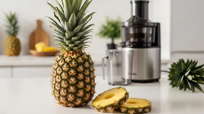 Een verse ananas en schijfjes naast een sapcentrifuge.