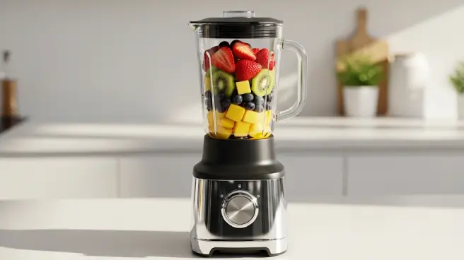 Een blender gevuld met verschillende soorten fruit op een aanrecht.