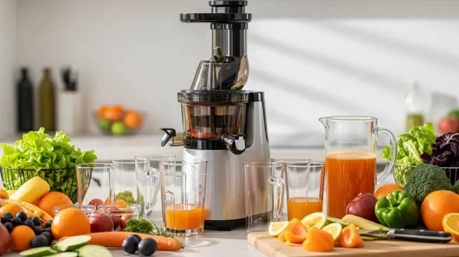 Juicer omringd door veel fruit en groenten.