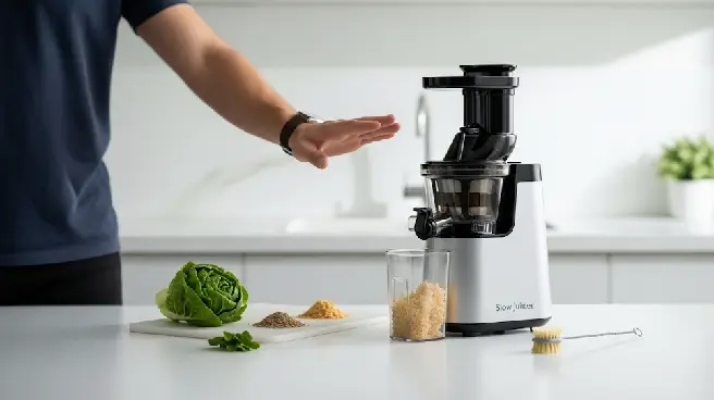 Man toont een witte slowjuicer in een moderne keuken.