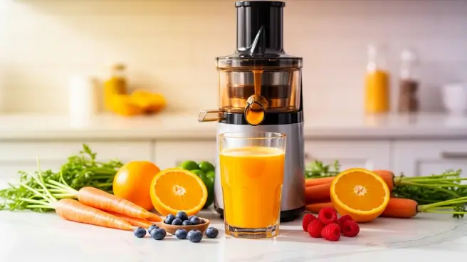 Verse groenten en fruit bij sapcentrifuge met glas sap.