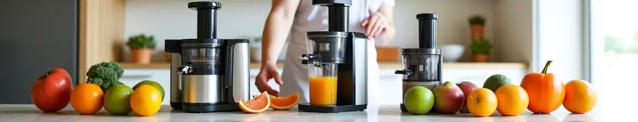 Een persoon naast drie juicers en veel fruit op een aanrecht, wat laat zien hoe je een juicer kiest.
