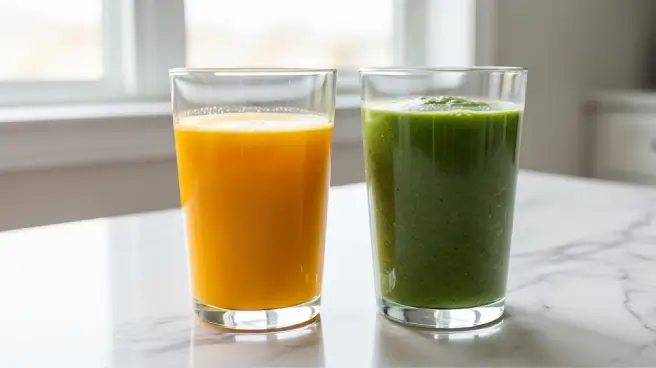 Twee glazen sap/smoothie naast elkaar, oranje en groen.