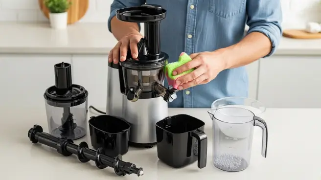 Een man maakt de onderdelen van een juicer schoon met een spons.