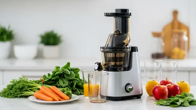 Slowjuicer op aanrecht met glazen sap en wortels.