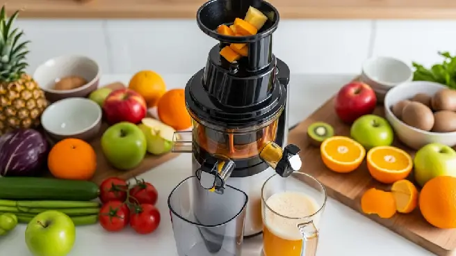 Assortiment van vers fruit en groenten met een slowjuicer op een aanrecht.