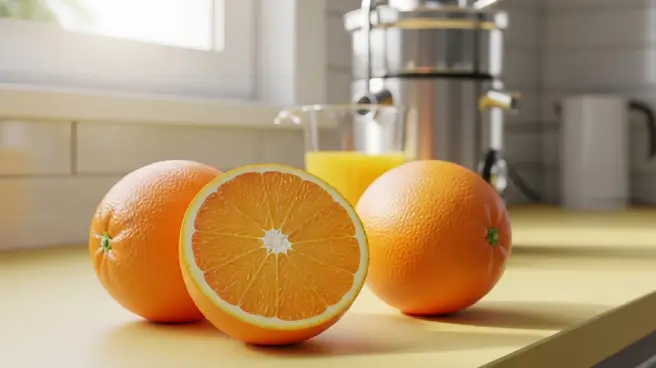 Hele en halve sinaasappels met een sapcentrifuge op de achtergrond.