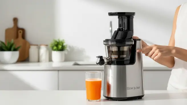Een persoon giet sap uit een slowjuicer in een glas op een wit aanrecht.