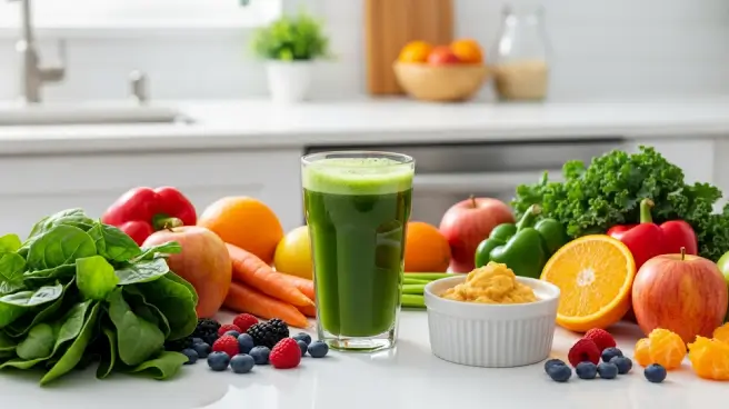 Groen sap met verschillende groenten en fruit op tafel.