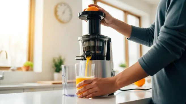 Een persoon maakt vers sinaasappelsap met een sapcentrifuge.