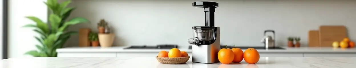 Een sapcentrifuge met sinaasappels in een moderne keuken.