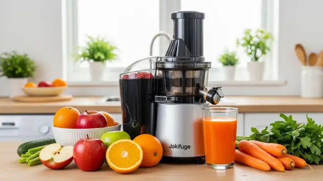 Een sapcentrifuge met verse wortels, appels en sinaasappels.