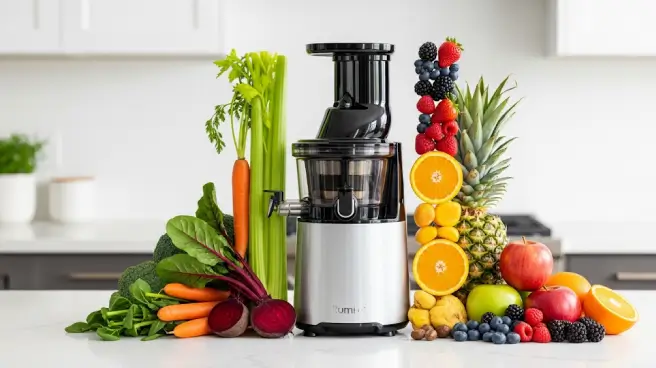 Slowjuicer met fruit en groenten zoals wortels, selderij en bessen.