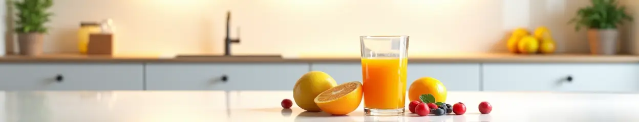 Glas sinaasappelsap met fruit in een keuken.