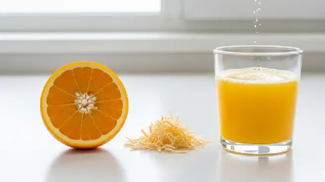 Halve sinaasappel met pulp naast een glas jus.