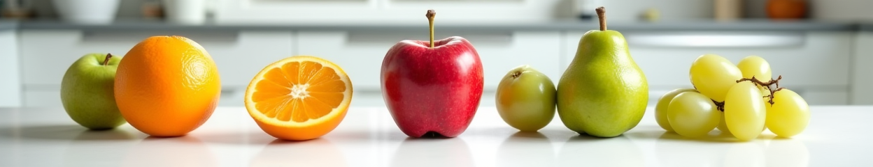 Diverse verse vruchten op een rij: appels, sinaasappels, peren, druiven.
