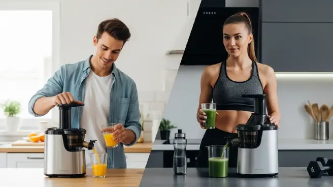 Twee mensen gebruiken een juicer in verschillende keukenomgevingen.