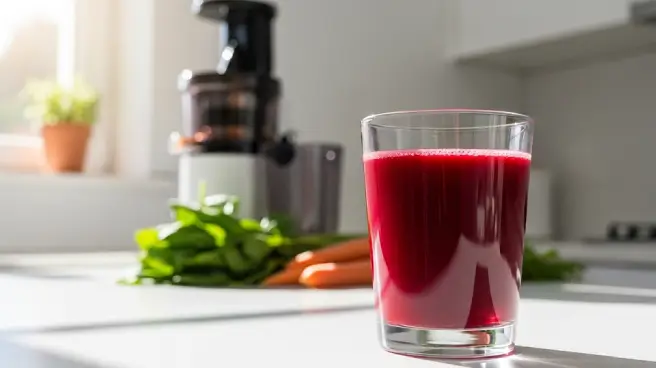 Een glas helderrood sap staat voor een centrifugale juicer op een aanrecht.