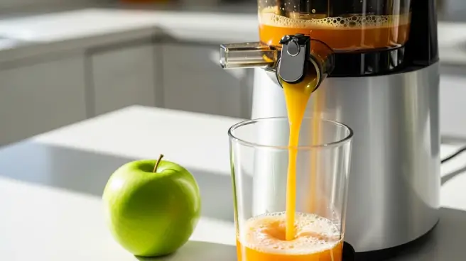 Een centrifugale juicer perst geel sap in een glas, naast een groene appel.