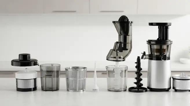 De losse onderdelen van een slowjuicer en een centrifugale juicer naast elkaar.