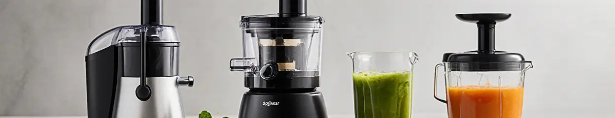 Verschillende blenders, sapcentrifuges en slowjuicers voor smoothies en sappen.