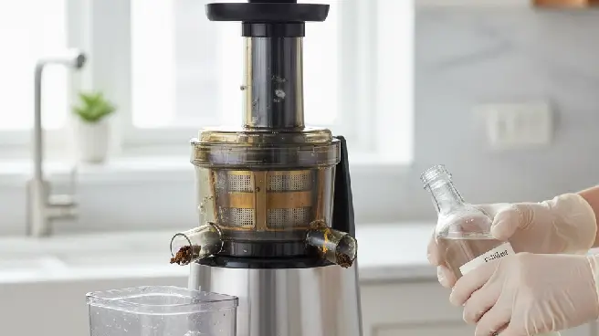 Handen met handschoenen houden fles azijn bij vuile sapcentrifuge.