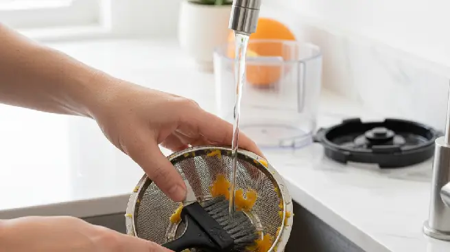 Vrouw borstelt zeef van sapcentrifuge schoon onder stromend water.