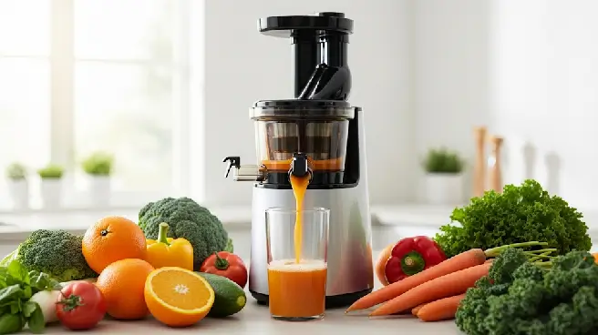 Een slowjuicer met een glas vers sap, omringd door groente en fruit.