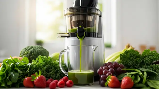 Een slowjuicer perst sap in een glazen kan, omringd door fruit en groente.